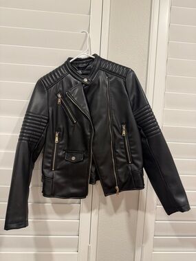 ZARA Black Quilted-Sleeve Faux Leather Moto Jacket